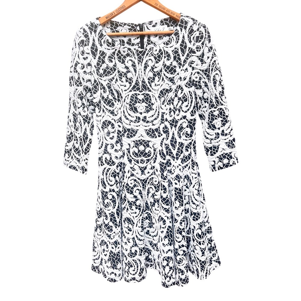 Eliza J Navy‎ White Damask Jacquard Fit and Flare Dress 3/4 Sleeve Size 6